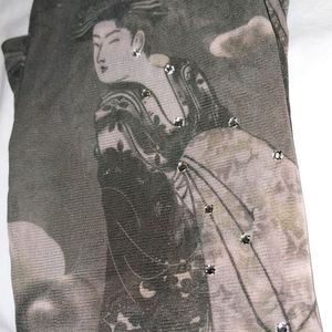 Sheer long sleeve. Black & white geisha girl top.